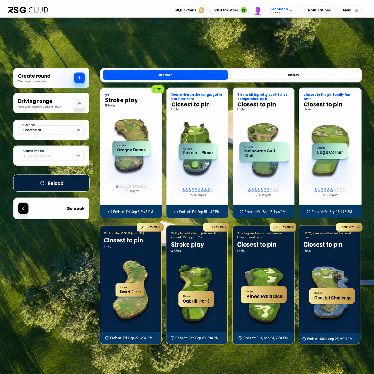 A screenshot of a golf club membership dashboard or app interface showing multiple round cards with golf course names and pin/closing details, overlaid on an aerial landscape background. Visible branding at the top includes RSG CLUB.