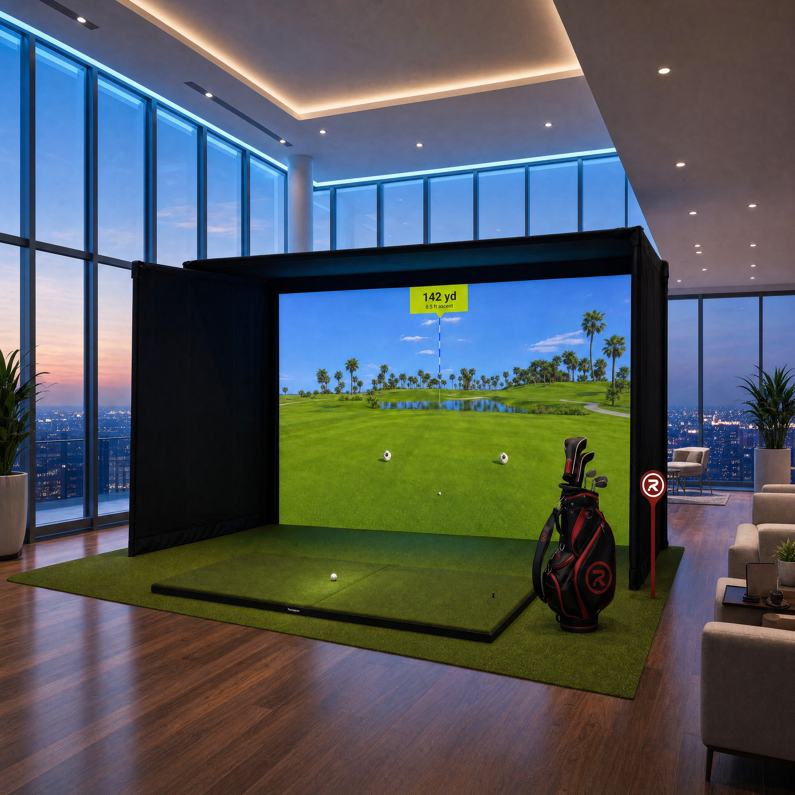 RSG Pro Studio Club Edition golf simulator setup with projector and enclosure for RSG Club Unlimited members