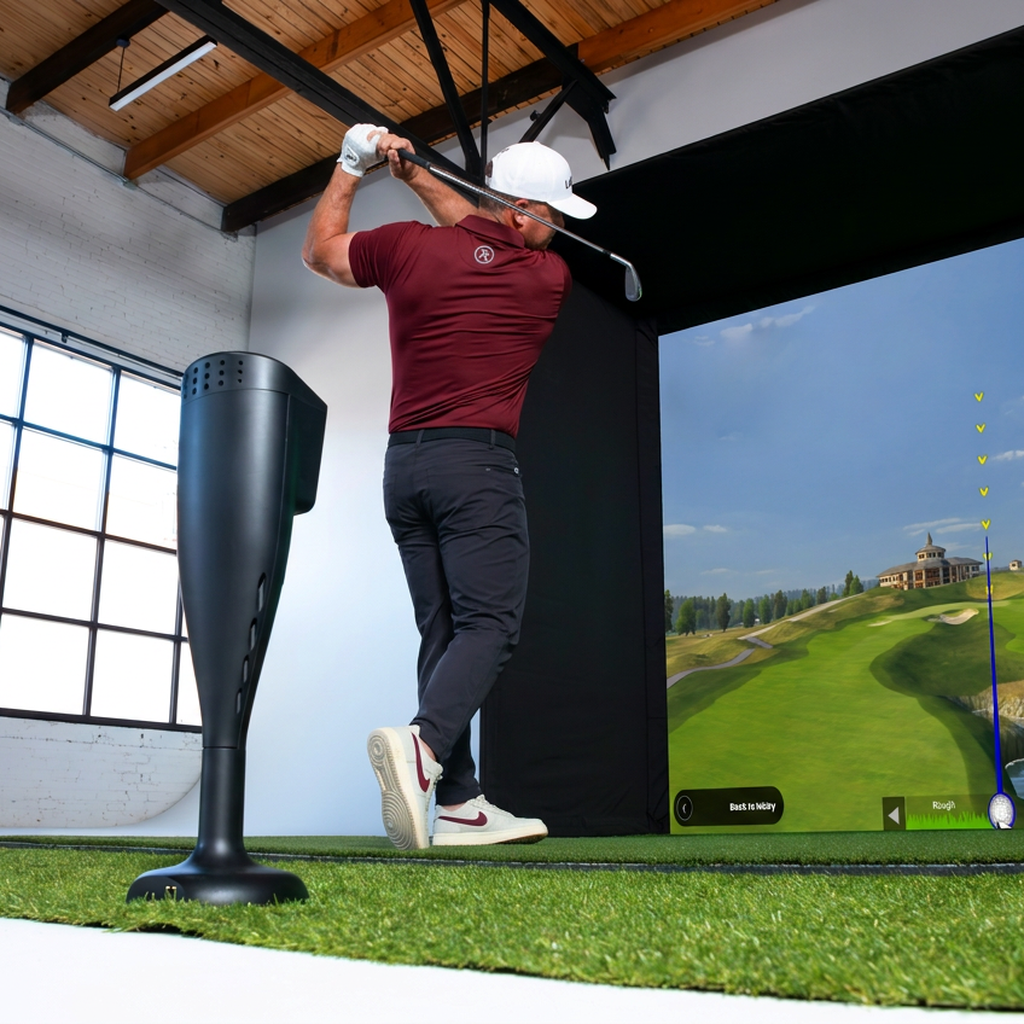 RSG One golf simulator studio edition with launch monitor, projector, enclosure, and premium hitting mat